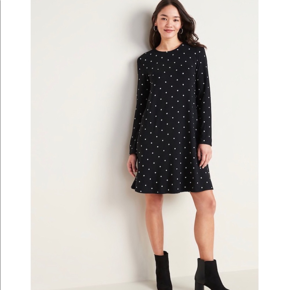 Long-Sleeve Jersey-Knit Swing Dress Polka Dots